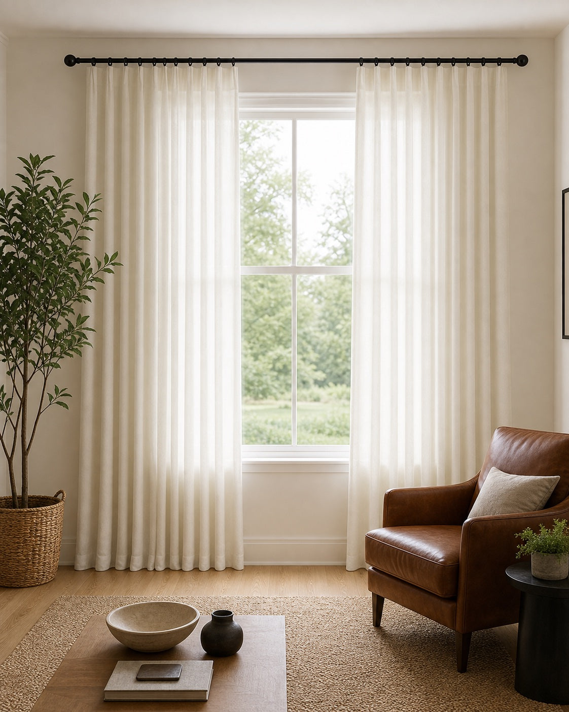 Ascent off-white light-filtering curtains in a modern living room