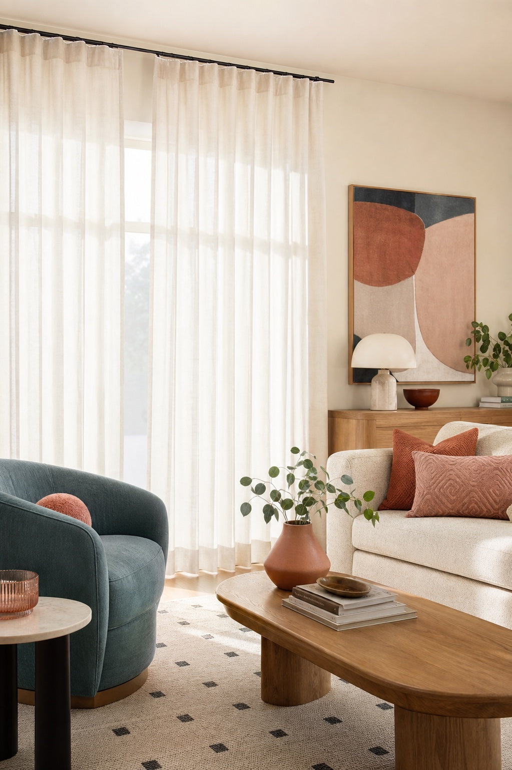 Celia warm white linen curtains styled with colorful living room decor