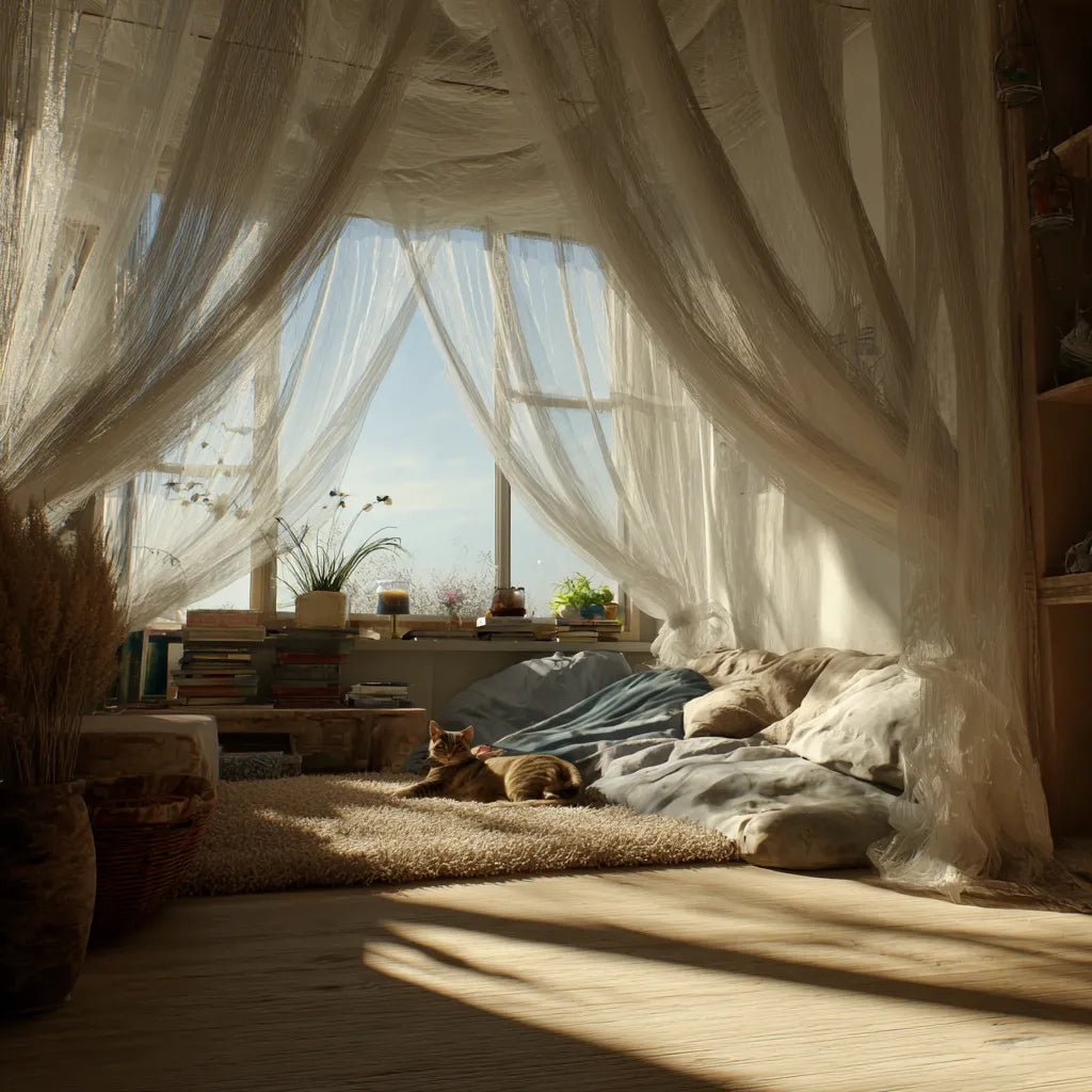 Sage green linen curtains in a calm bedroom