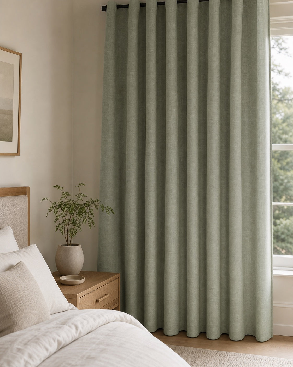 Grove sage green linen curtains in a calm bedroom
