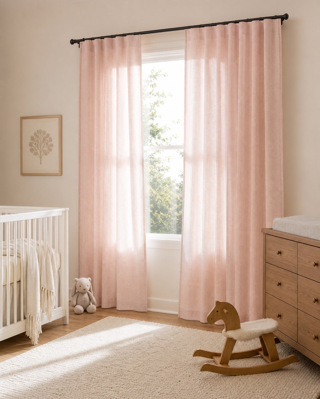 Meadow pale pink linen curtains in a serene nursery
