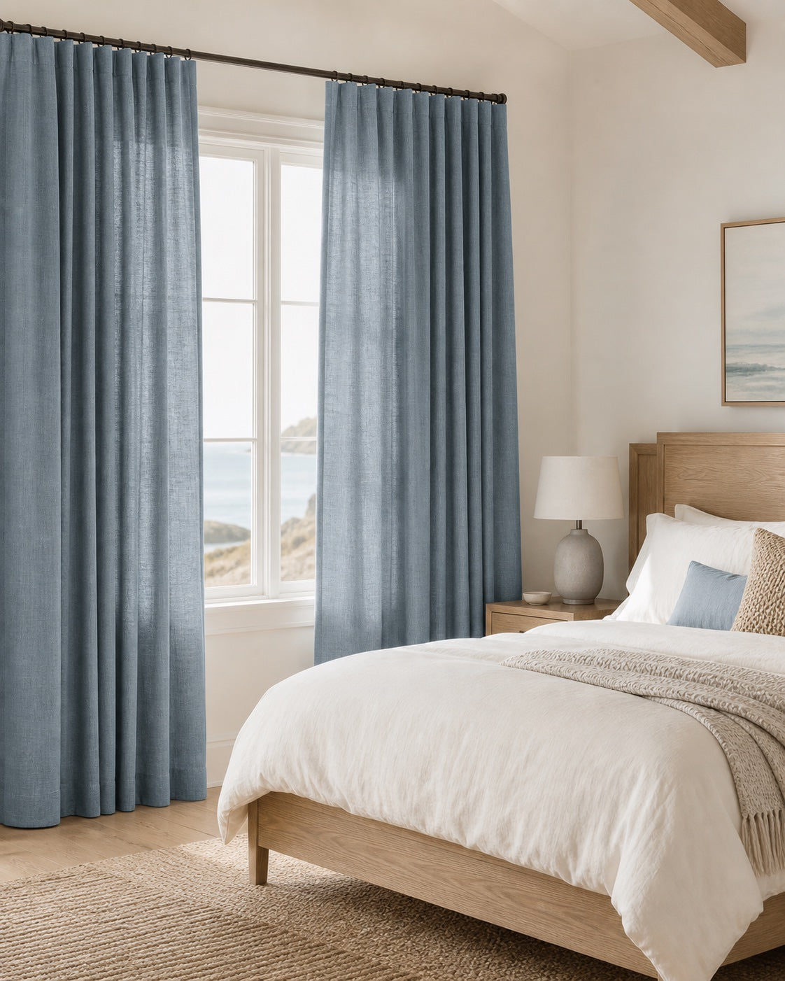 Pearl ocean blue linen curtains in a coastal bedroom