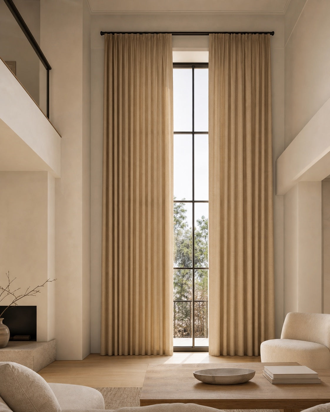 Sanctuary extra-long linen curtains on a double-height window