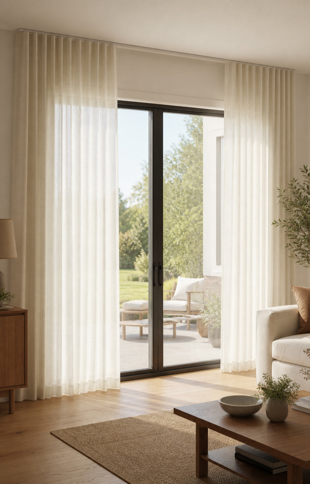 Willow semi-sheer curtains framing a sliding glass patio door
