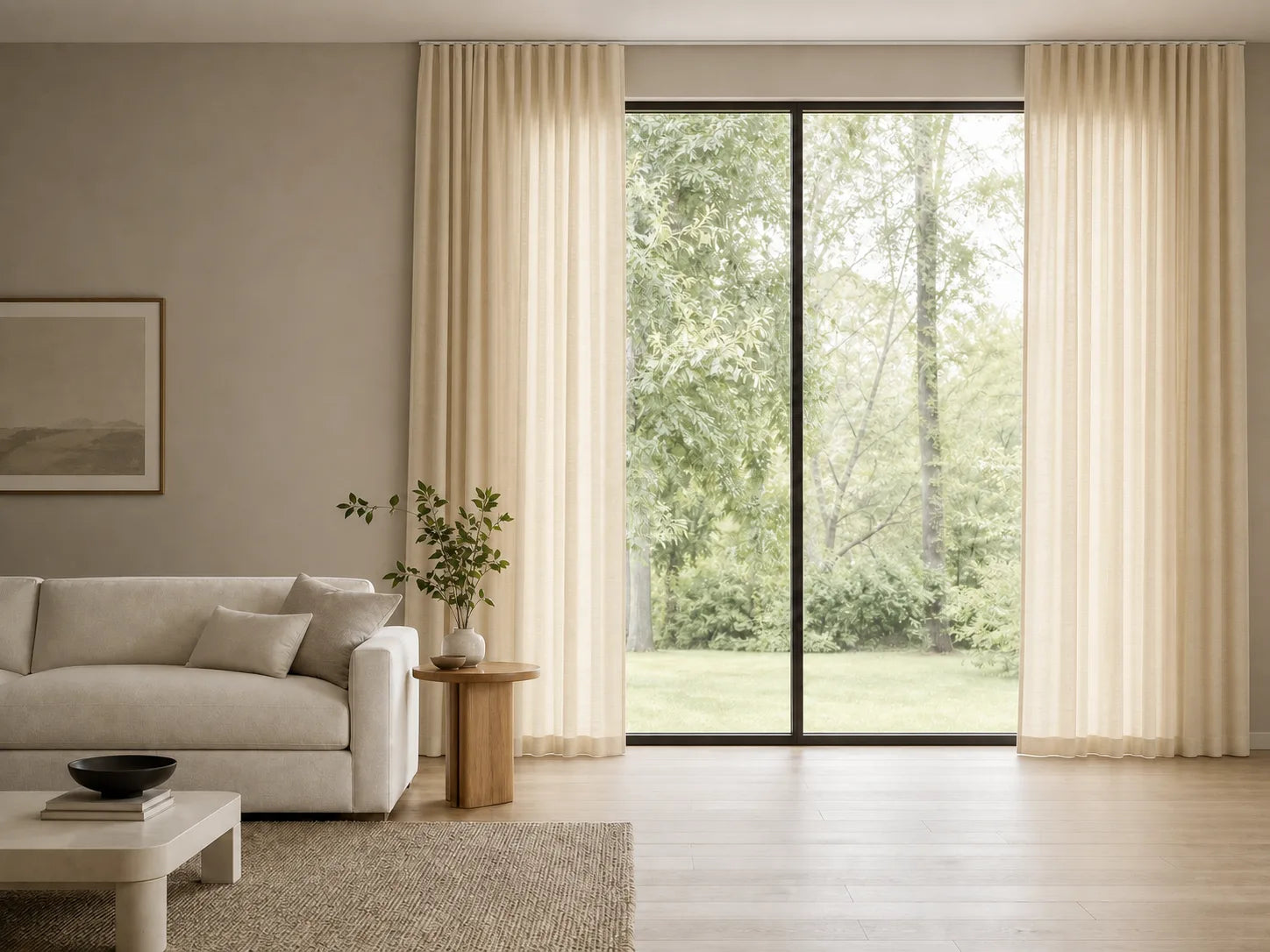 Modern living room after custom ivory curtain installation