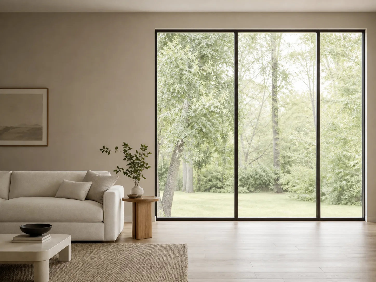 Modern living room before custom curtain installation