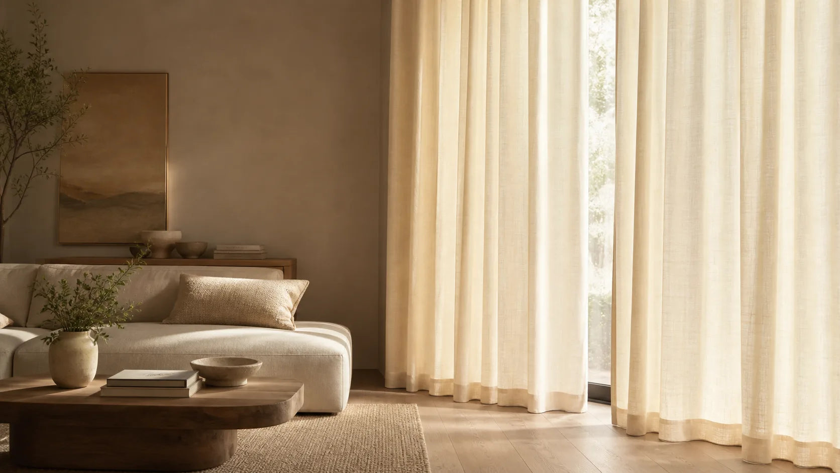 Custom ivory linen curtains in a warm modern living room
